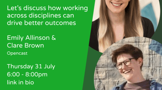 NUX Newcastle – Let’s discuss how working across disciplines can drive better outcomes Promotional banner for the NUX Newcastle event titled "Let’s discuss how working across disciplines can drive better outcomes". The event features Emily Allinson and Clare Brown from Opencast. It takes place on Thursday 31 July 2025, from 6:00 to 8:00pm at Hedgehog Lab, One Strawberry Lane, Newcastle upon Tyne, NE1 4BX. The banner includes the NUX Newcastle logo, event details, and professional photos of the two speakers. Hedgehog Lab is thanked as the event sponsor.